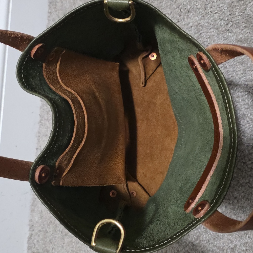 KMM & Co Leather Italian Green and Tan Mini Panel Tote Colorblock - Picture 6 of 10